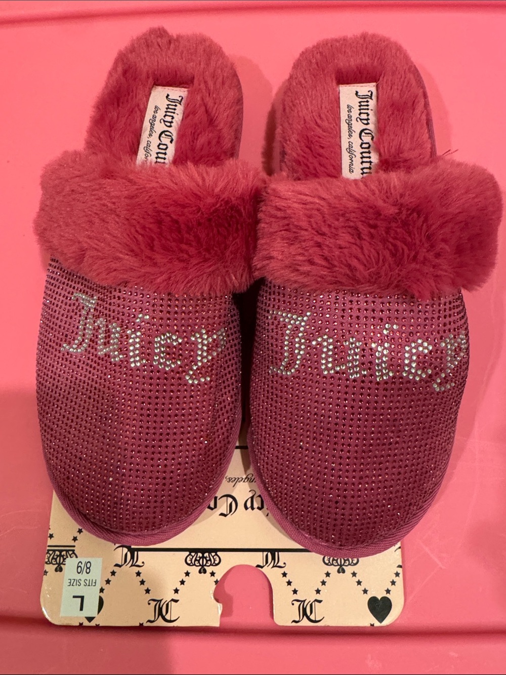 Juicy Couture Fuchsia Pink Rhinestone Faux-Fur Slide Slippers size Large 8/9